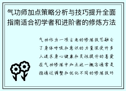 气功师加点策略分析与技巧提升全面指南适合初学者和进阶者的修炼方法
